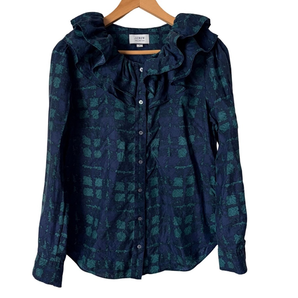 J Crew Collection Ruffle Collar Blouse Plaid 100% Silk Twill Button Down, S - Picture 3 of 12
